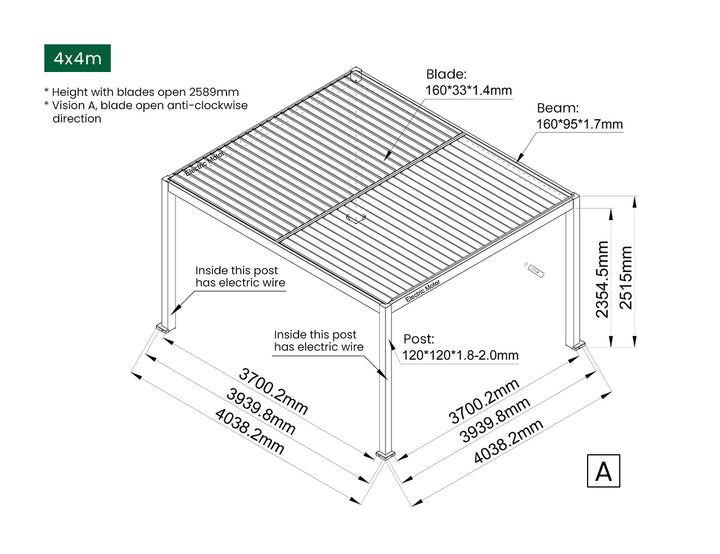 Caspian Motorised Freestanding Louvre Roof Aluminium Pergola, Size: 3 x 3m, Colour: Black