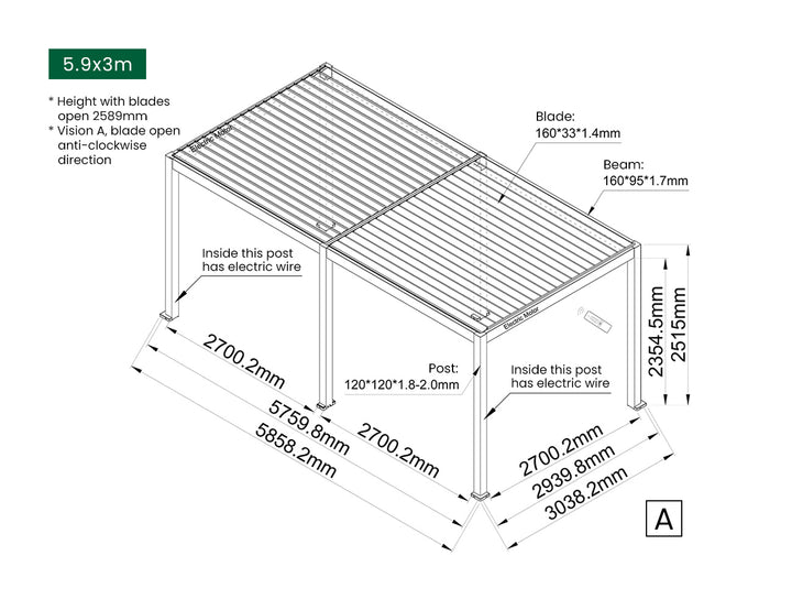 Caspian Motorised Freestanding Louvre Roof Aluminium Pergola, Size: 3 x 3m, Colour: Black