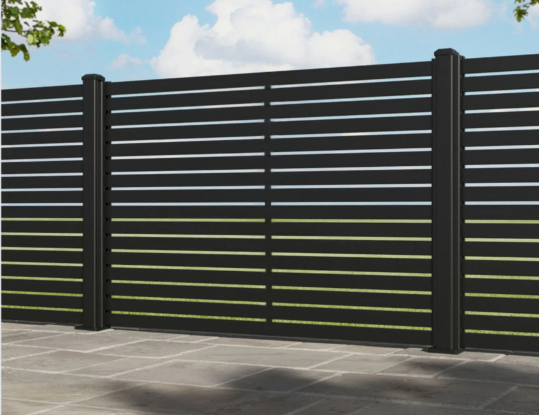 Aluminium Slat Privacy Fence Panel - Horizontal, Size: 2.4 x 1.8m, Colour: Black