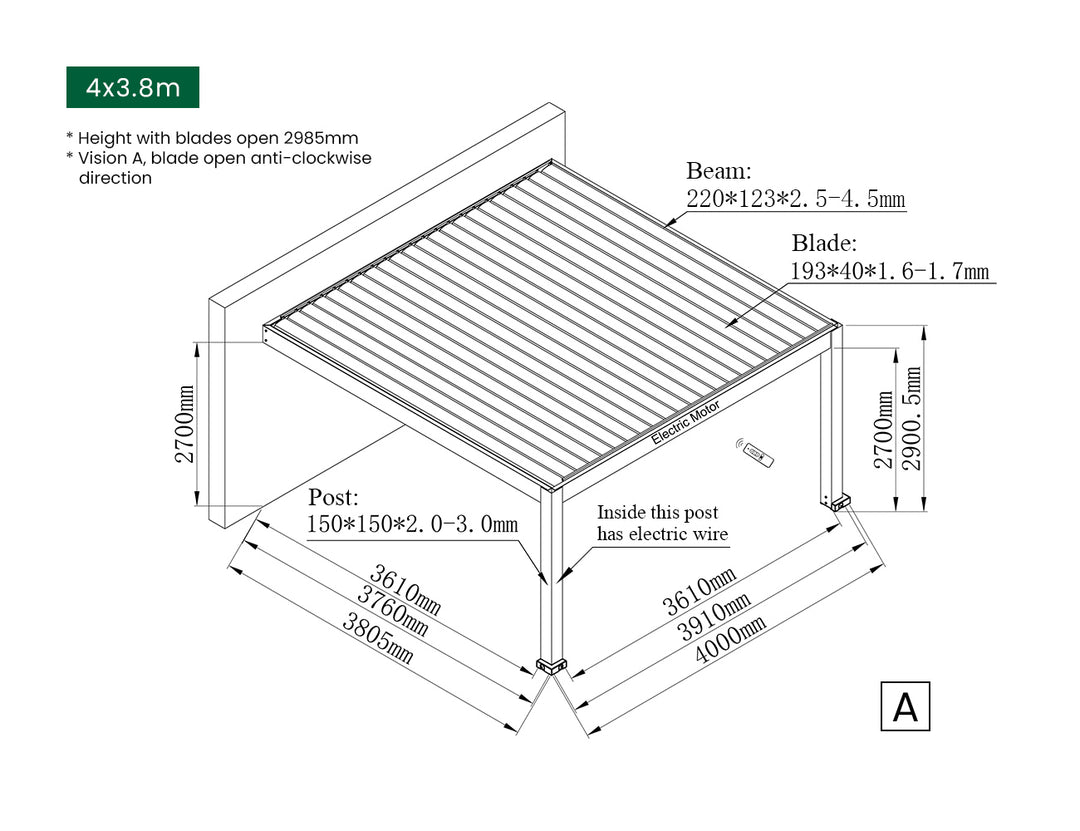 Tasman Motorised Wall Mounted Louvre Roof Aluminium Pergola, Size: 4 x 3.8m, Colour: Charcoal