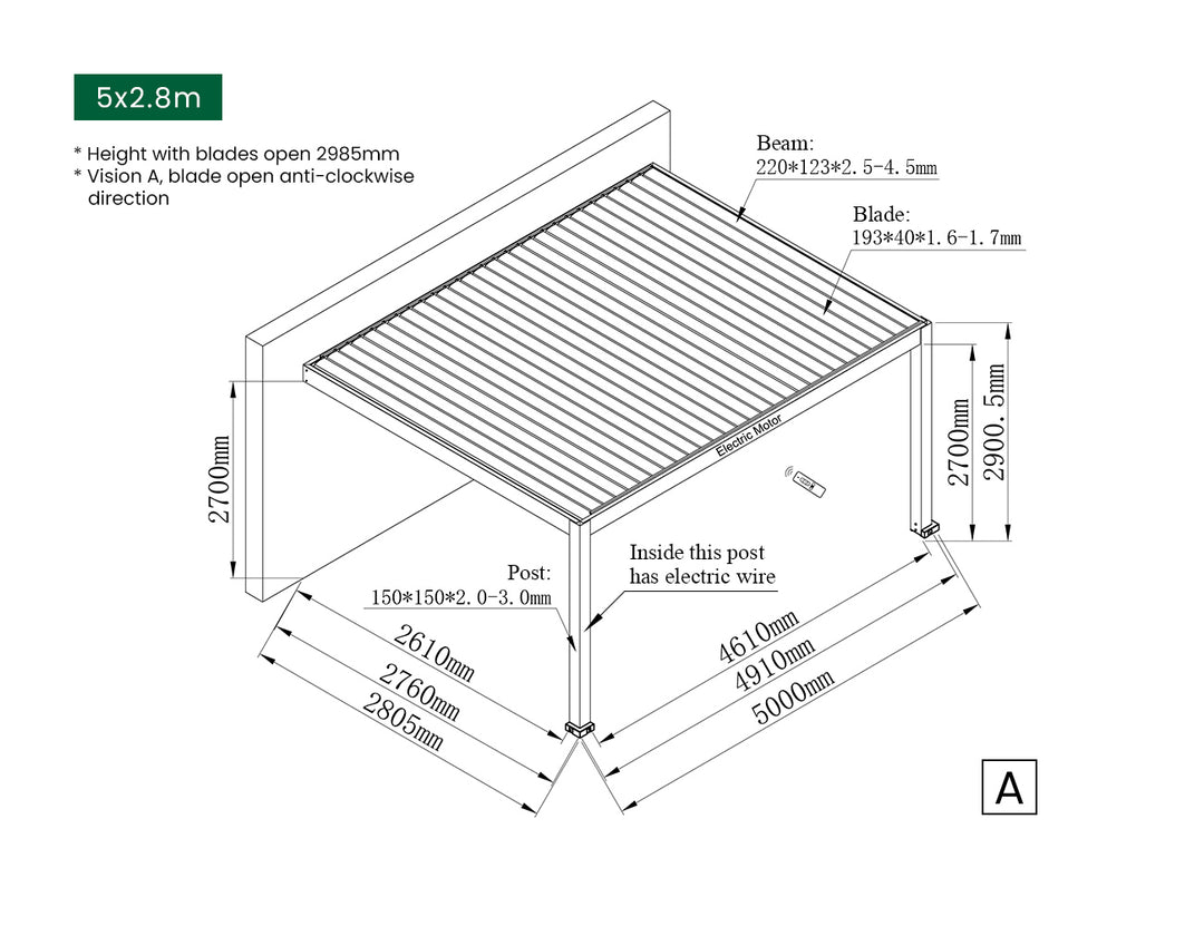 Tasman Motorised Wall Mounted Louvre Roof Aluminium Pergola, Size: 4 x 3.8m, Colour: Charcoal