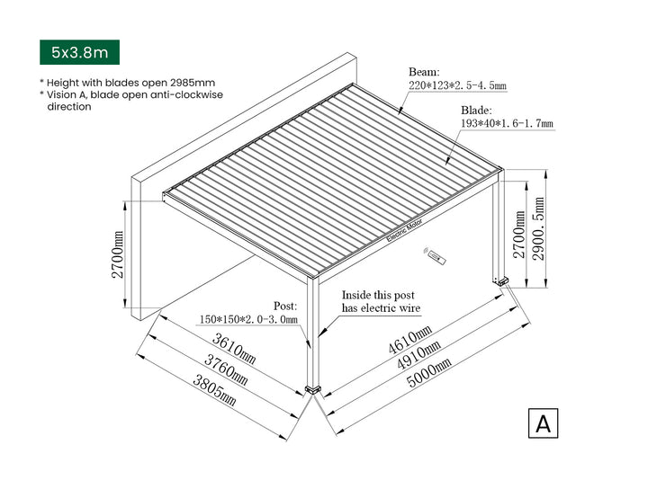 Tasman Motorised Wall Mounted Louvre Roof Aluminium Pergola, Size: 4 x 3.8m, Colour: Charcoal