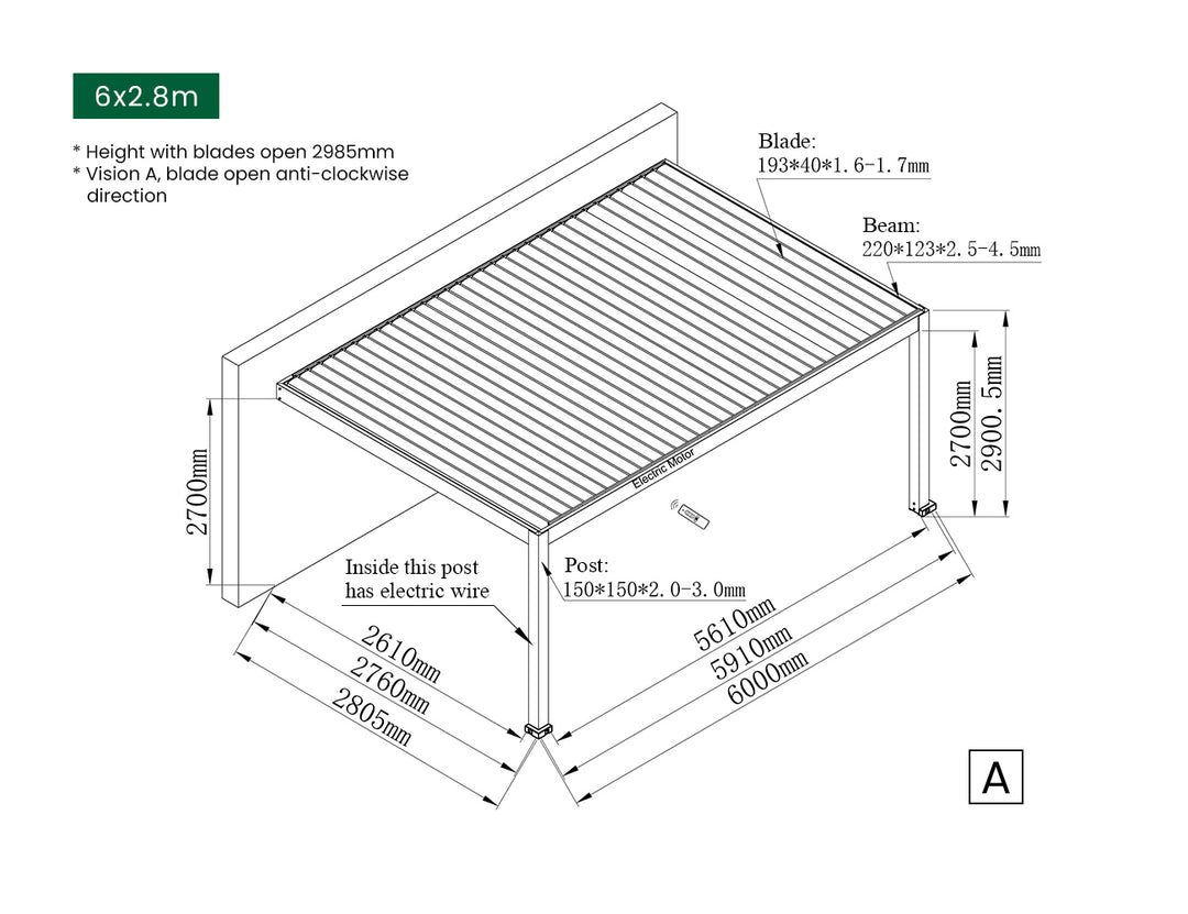 Tasman Motorised Wall Mounted Louvre Roof Aluminium Pergola, Size: 4 x 3.8m, Colour: Charcoal