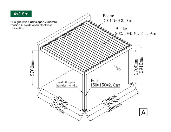 Pacific Motorised Wall Mounted Louvre Roof, Size: 4 x 3.8m, Colour: Black