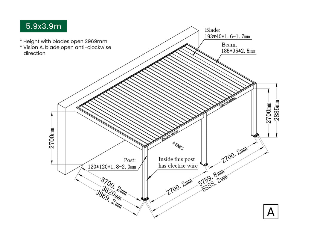 Caribbean Motorised Wall Mounted Louvre Roof Aluminium Pergola, Size: 4 x 3.9m, Colour: Black