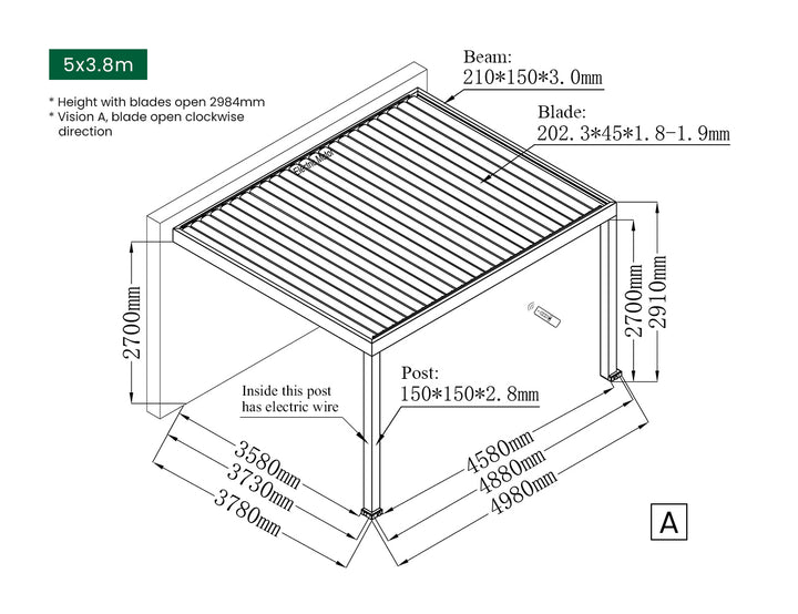 Pacific Motorised Wall Mounted Louvre Roof, Size: 4 x 3.8m, Colour: Black