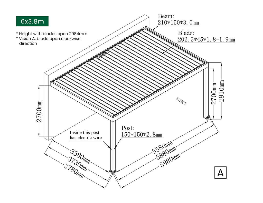 Pacific Motorised Wall Mounted Louvre Roof, Size: 4 x 3.8m, Colour: Black