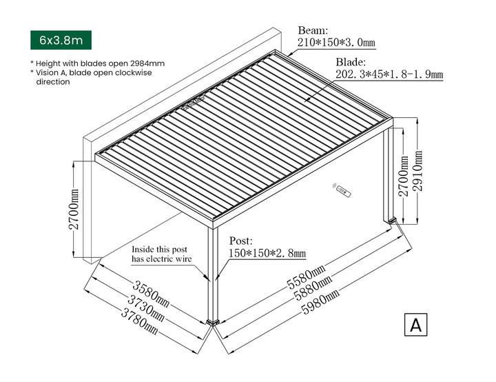 Pacific Motorised Wall Mounted Louvre Roof, Size: 4 x 3.8m, Colour: Black