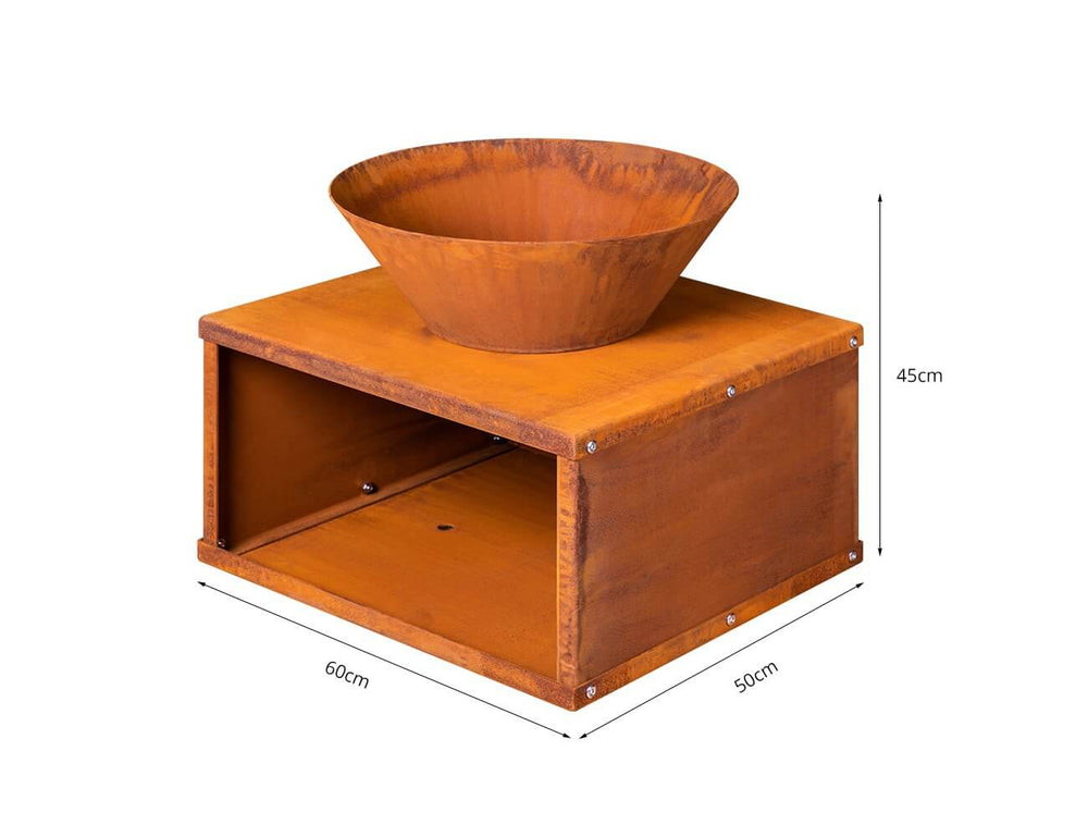 Pandora Corten Steel Fire Bowl Brazier with Wood Storage